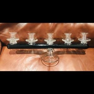 Hand blown glass candelabra hold 5 tapers.